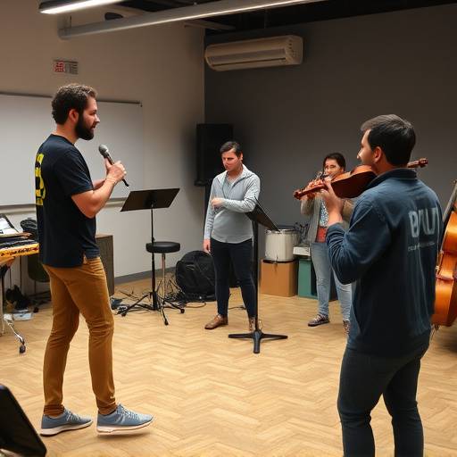 Alunos participando de um exerc&radic;&ne;cio de improvisa&radic;&sect;&radic;&pound;o em um curso de atua&radic;&sect;&radic;&pound;o para iniciantes.