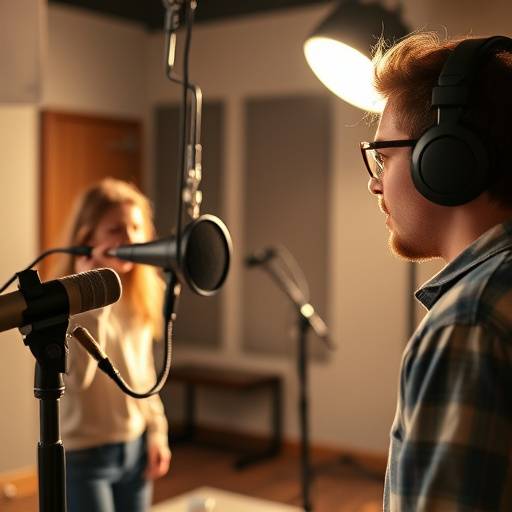 Alunos praticando t&radic;&copy;cnicas de dublagem e locu&radic;&sect;&radic;&pound;o em um est&radic;&ordm;dio de grava&radic;&sect;&radic;&pound;o.