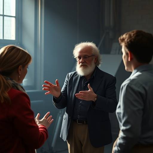 Professor demonstrando uma t&radic;&copy;cnica de atua&radic;&sect;&radic;&pound;o de m&radic;&copy;todo para um grupo de estudantes.